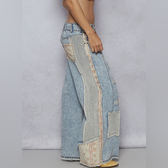 New Bestseller POL : blue denim crochet pocket patchwork wide leg Jean. - Picture 3 of 4